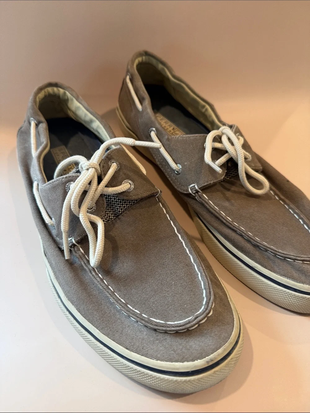 Sperry Taupe Canvas Boat Shoes with White Laces Size 12